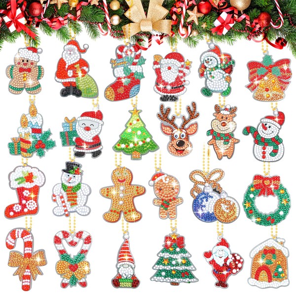 lasuroa 26pcs Christmas Diamond Artistic Painting Keychains Kit, Cute Hanging Ornaments Diamond Aesthetic Key Chain Santa Claus, Snowman Pendant for Xmas Tree, DIY Crafts