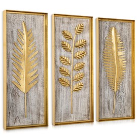 Villa Como Gold Metal Wall Decor Wall Art with Wooden Base, Metal Frame Wall Art with Botanical Leaves for Living Room, Bedroom, Bathroom, Kitchen, Farmhouse Wall Decor 3Pcs Set
