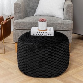 AbunHeri Round Pouf Ottoman Stuffed Plush Fiber Pouf Ottoman Footrest Foot Stool Bean Bag Ottoman Floor Pouf for Bedroom Living Room Accent Seat 20x12inches with Modern Foam Filler (Black)