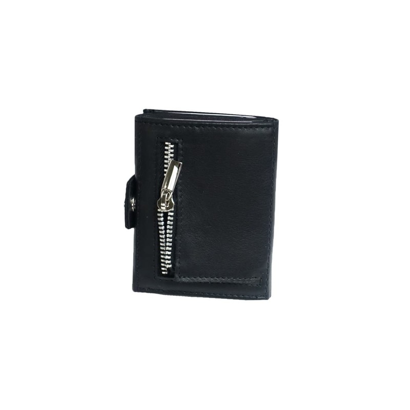 Slim Wallet Deluxe, Black cowhide leather with zip pocket, S,
