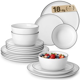 MALACASA 18 Pieces Gourmet Porcelain Dinnerware Sets, Premium Plates and Bowls Set, High-Fired Dishes Set for 6, Chip & Scratch Resistant, Microwave Dishwasher Safe, White & Black Rim, Series LEXI
