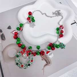 Cute Wreath Jingle Bells Green Red Ball Santa Claus Snowman Christmas Tree Beaded Pendant Necklace for Women Dainty Silver Plated Xmas Decoration Necklaces Adjustable Chain Fashion Jewelry for