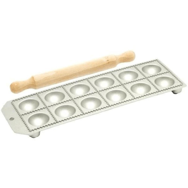 Eppicotispai 12-Hole Aluminum Round Ravioli Maker with Rolling Pin