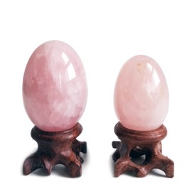 Polar Jade Set of 2 Rose Quartz Gemstone Egg Spheres with Wooden Stand for Healing Meditation Chakra Balancing and Home Decoration (L & M Sizes)