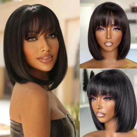 DliliBoon Wear And Go Black Short Bob Wigs Glueless 3x1 Lace Bob Wigs for Black Women with Bangs Straight Human Hair Wigs 150% Density Lace Front Wigs(8inch)