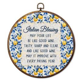 HUGANE Italian Blessing Lemon Round Wall Art Decor, Rustic Mediterranean Lemon Hanging Canvas Framed Prints Wall Sculptures for Kitchen Home Bedroom Living Room Decor, 10x10 Inch