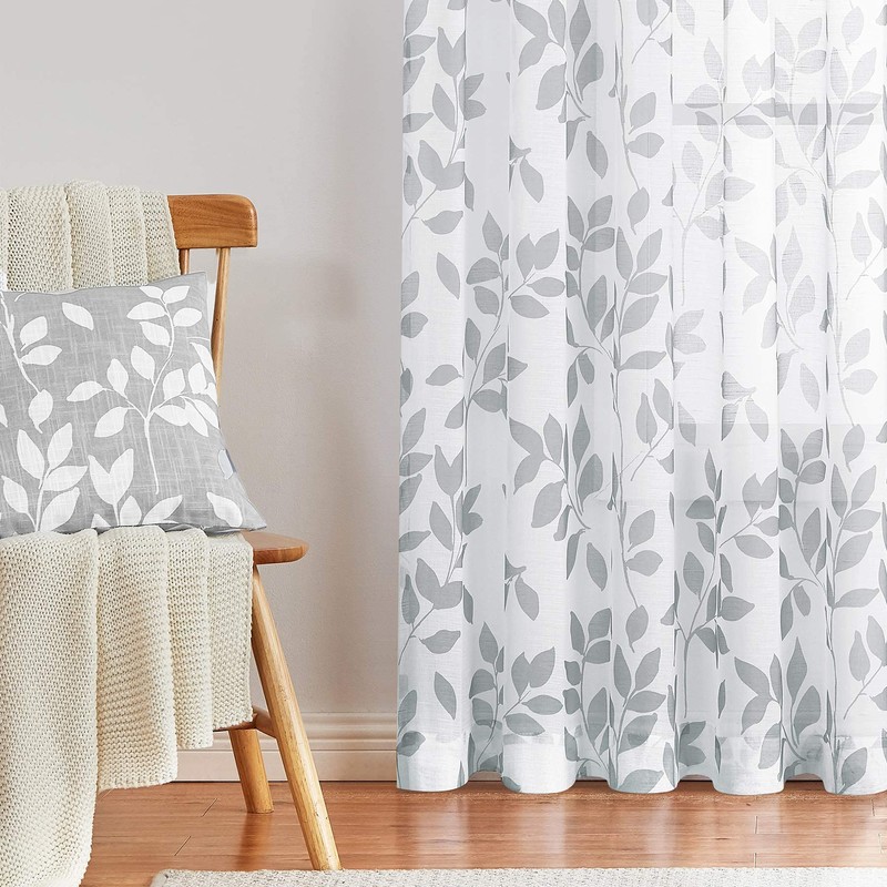 White Grey Leaf Sheer Curtains for Kids Bedroom 50 x
