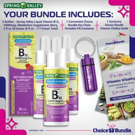 Spring Valley Liquid Vitamin B12 5000 mcg Metabolism Dietary Supplement Berry 2 fl oz 3 pk Choice Bundle (6 oz Total) + Vitamin Guide and Pill Container (5 Items)!