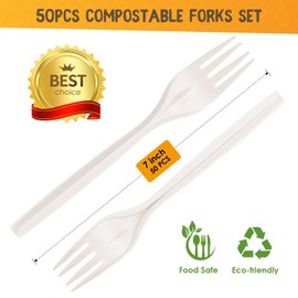Compostable Forks 50 Count 7 Inch Disposable Forks Heavy-duty Cutlery Set Eco-Friendly Utensils