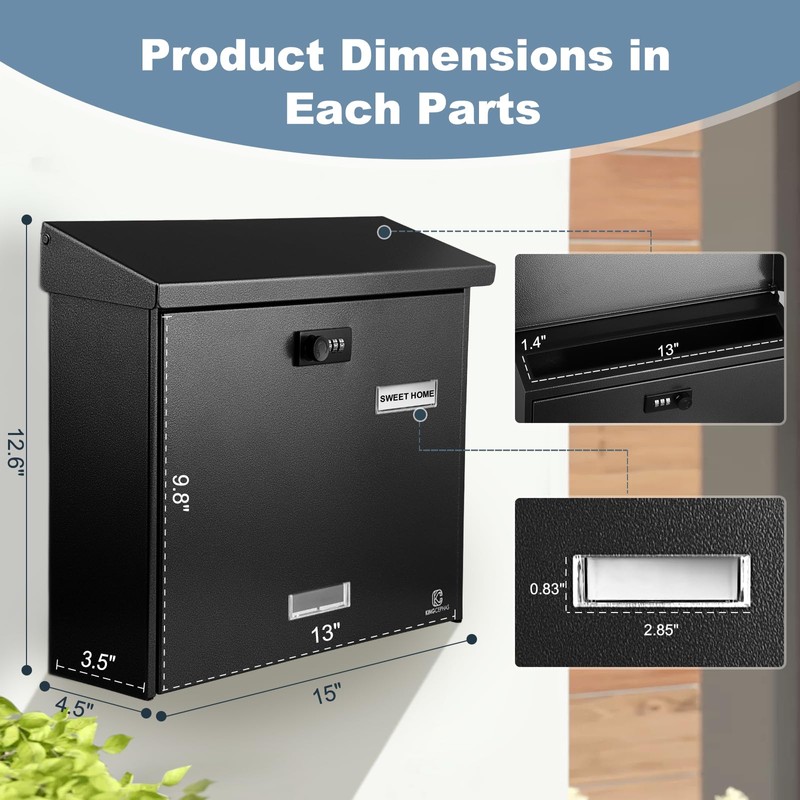 KINGCEPHAS Wall-Mounted Mailbox with Combination Lock, Large Capacity, Wall Mount