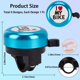 CREATCABIN I Love My Bike Bicycle Bell Classic Aluminum Bike Bells Ring Loud Crisp Sound Cycling Bell Small Blue Handlebars Bells with 4Pcs Resin Stickers for Road Mountain Bike Accessories 2x2Inch