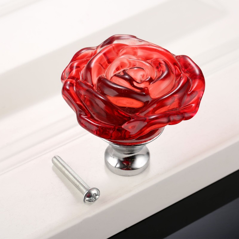 Yetaha Red Glass Dresser Knobs, 5PCS Rose Crystal Drawer Handles