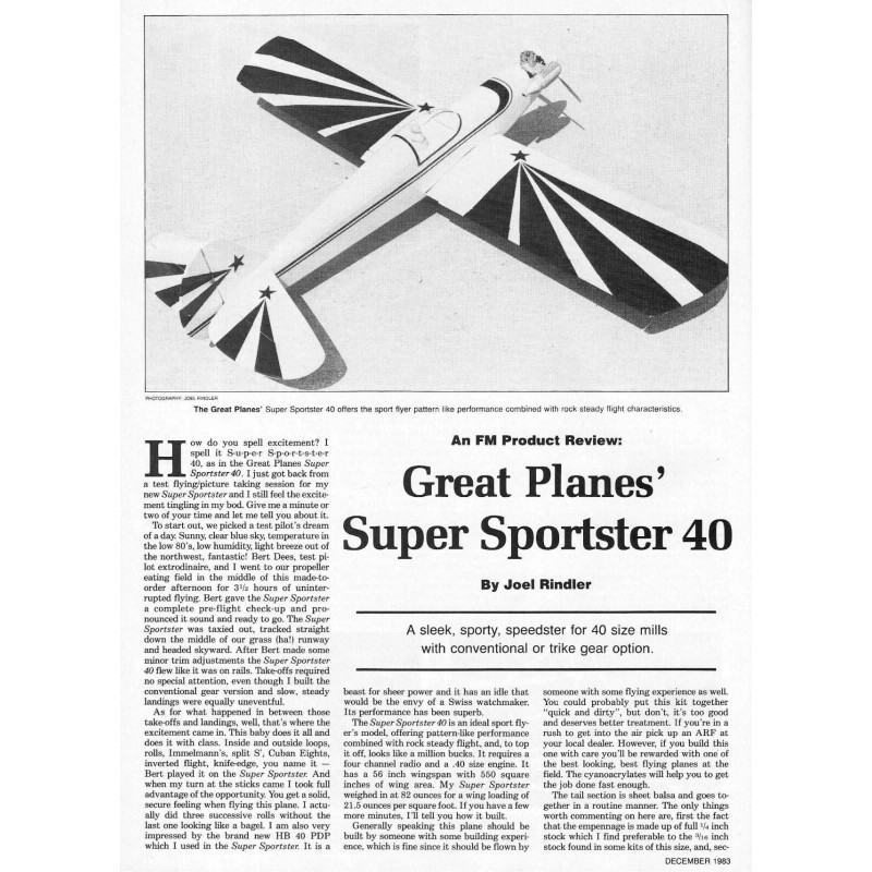 Great Planes Model Airplane Plans (RC): SUPER SPORTSTER 40 56"