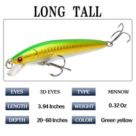 MARJELLY Floating Fishing Lure Casting Bait Sinking Bass Lures Trolling Minnow with Strong Hooks Topwater Crankbaits Artificial Jerkbait for Walleye Trout Freshwater Saltwater, Green Back Yellow