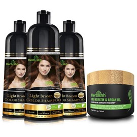 Herbishh Ultimate Color Shampoo Kit (3pcs Hair Color Shampoo Dye +1 Argan Mask) Smooth and Long Lasting Color for Grey Hair Men & Women Easy & Quick to Use-Combo4 (Light Brown)
