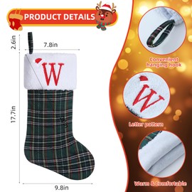 SIRIPHUM Classic Green Plaid Christmas Stockings, 19.5" Initial Monogram Xmas Family Stockings with Embroidered Letter,Rustic Farmhouse Country Fireplace Decor and Xmas Gift E