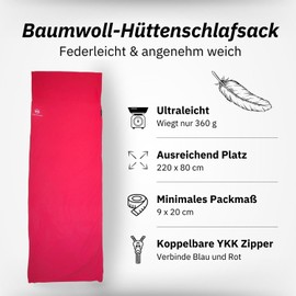 Nordkamm - cabin sleeping bag, 100% cotton or microfibre with zip, red or blue, can be zipped together for 2 people, inlet, inlay, travel sleeping bag, indoor sleeping bag, cotton liner, light, red