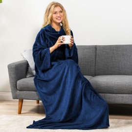 PAVILIA Navy Blue Fleece Wearable Blanket with Sleeves for Adults Women Men, Soft Warm Full Body Wrap Throw, Sweatshirt Pocket, Cozy Pullover Robe Blanket with Arm, Gifts for Christmas Mom Wife