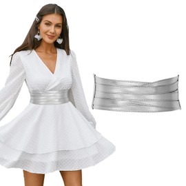 LEACOOLKEY Women Wide Leather Belt for Dress Wide Elastic Stretchy Belt for Women Obi Belt Wide Cinch Belt Thick Belt,Silver，Suit for Waist Size 35"-42"