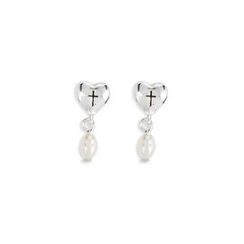 First Holy Communion Heart Cross Pearl Drop One Size Silver-Plated Earrings