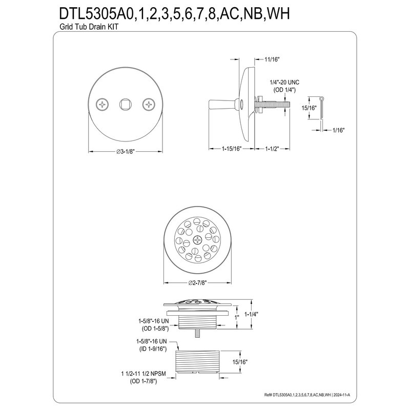 Kingston Brass DTL5305A7 Grid Tub Drain Kit, Brushed Brass