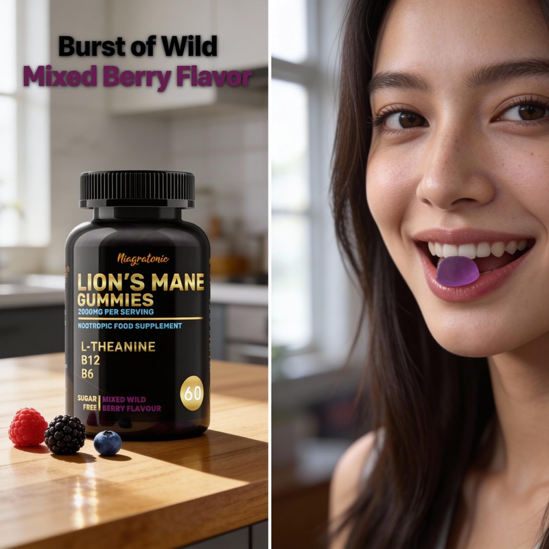 Lion's Mane Gummies, Mixed Berry Flavour, with L-Theanine, B6, B12,