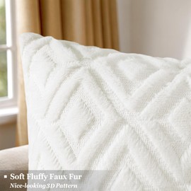 Pallene Spring Soft Faux Fur Throw Pillow Covers 20x20 Set of 2 - Plush Wool Decorative Couch Pillow Covers for Sofa Bed Living Room - with 3D Diamond Pattern - Cream White