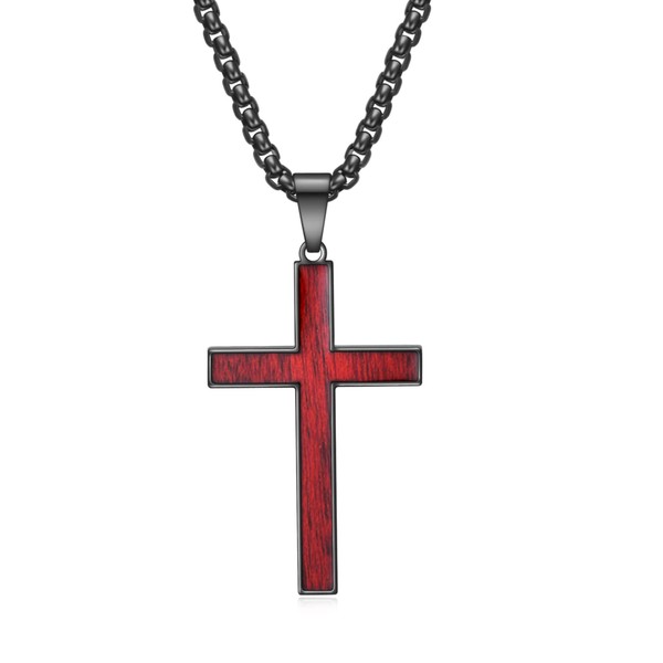 Rnivida Mens Black Stainless Steel Wood Cross Pendant Necklace, Christian
