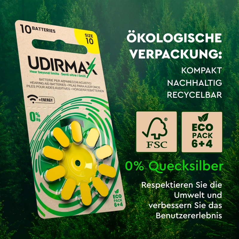 100 Hörgerätebatterien Größe 10 PR70 Udirmax Gelb Dynamic Sonar Technologie