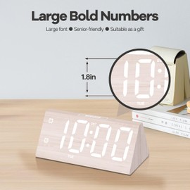 JALL Wooden Digital Alarm Clocks for Bedrooms, Large Bold Digits Electric Desk Clock, with Dual Alarm, USB Port, DST, Auto Dimmer for Wood Decor, Bedside, Gift (White)
