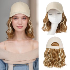 Hat Wigs for Women Baseball Cap with Hair Extensions Short Wave Synthetic Baseball Cap Wig for Women Adjustable Hat with Hair Attached for Daily Use(14inch)