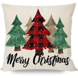 ALINK Plaid Check Christmas Throw Pillow Covers 18x18 Set of 4 for Christmas Decorations, Red and Black Vintage Christmas Santa Trees Snowman Truck, Farmhouse Holiday Decor Throw Pillows Cases