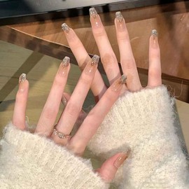 RikView Long Press on Nails Coffin Fake Nails with 3D Rhinestones Nude Nails Glossy Full Cover Nails 24 PCs/Set