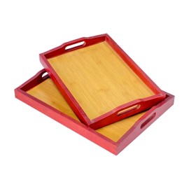 Wooden Serving Trays with Handle Set of 2 Bamboo Serving Trays Decorative Nesting Wood Platter Tabletop (Large 16x11.7x1.9 inches, Small 14x10.5x1.9 inches)