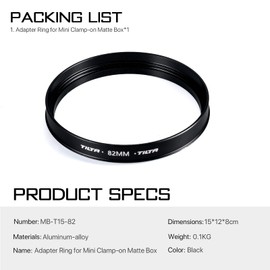 Tilta 82mm Lens Attachments Adapter Ring for MB-T15 Mini Clamp-on Matte Box Camera Lens Adapters MB-T15-82
