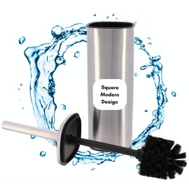 Square Metal Toilet Brush and Holder - Modern Bathroom Cleaning Tool with Sturdy Handle, Splash Guard, Removable Inner Protection, Contemporary Style - Fits Minimalist Decor (Chrome)