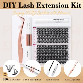 Miuffue Lash Extension Kit 260 PCS Individual Cluster Lashes Kit 0.07D 10-16mm MIX Eyelash Extension Kit Lash Bond and Seal Glue Remover with Eyelash Tweezers (30D+40D,D Curl)
