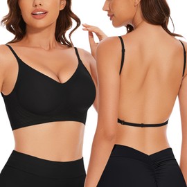 Low Back Bra Seamless Padded Bralettes for Women V Neck Mutiway Bras Halter Thin Strap Invisible Backless Bralette, Black, S