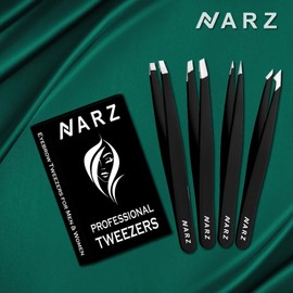 NARZ NARZ 4Pcs Professional Tweezers for Women Facial Hair Stainless Steel Precision Tweezers for Ingrown Hair Eyebrow Tweezer for Men & Women (Black Set)