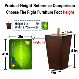 SHANJUE Wood Furniture Legs 4 inch Sofa Legs Set of 4,Square Brown Couch feet,Mid Century Chair Legs,Replacement Couch Legs, for Dresser Legs Sideboard Recliner Coffee Table