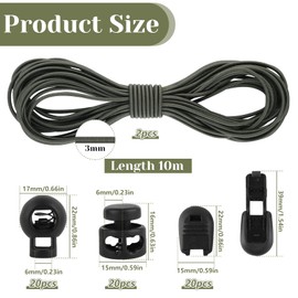 Pack of 2 10 m Elastic Rubber Cord 3 mm, Round Rubber Cord 3 mm with Cord Locks 2 Hole, Single Hole Cord Stopper and Cord Clamp, Rubber Rope for Backpacks, Clothes, Shoelaces (Dark Green)