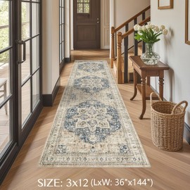 Tortania Area Rug 3x12 Runner Rugs - Washable Vintage Oriental Farmhouse Thin Indoor Carpet for Living Room Bedroom Hallway Entryway Kitchen Under Dining Table Home Office - Cream/Blue
