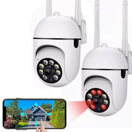 BAKEWAY 2PCS Cámara de Seguridad Exterior WiFi, HD 1080P Cámara de Vigilancia Exteriores/Interior, Cámara Inalámbrica WiFi 2MP de 360° A Todo Color Impermeable IP66 Visión Nocturna Acceso Remoto etc