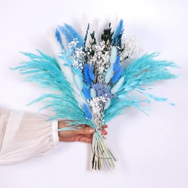 Natural Dried Flower Bouquet - 17" Boho Style Mixed Pampas Grass Ideal for Home Decor, Wedding Decor, Bridal Bouquets, Floral Arrangement, Event Centerpieces, Office Decorations (Blue)