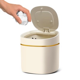 Soddeph - cubeta de basura de plástico con tapa, pequeño cubeta de basura de computadora para baño, oficina o cocina, papelera desplegable para mostrador, cambiador o mesa de centro (beige)