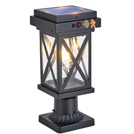 CMRCOZIRA Solar Outdoor Post Light Fixture Motion Sensor Outside Pole Light Dusk to Dawn Post Lamp Waterproof Exterior Column Light with Bulb Black Outdoor Gate Lamp Pole Mount for Garden Yard