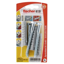 Fischer Expansion Dowel SX 12 x 60 SK SB Card, 3 x 6-Carat Screws 8 x 80, 049132