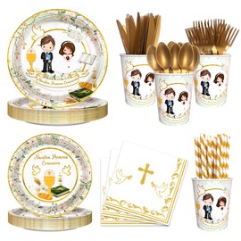 AIBIIN 192Pcs Nuestra Primera Comunión Decorations for Siblings, Green and Gold Plates Napkins Set Serves 24 Guests Baptism Mi Bautizo God Bless Party Supplies