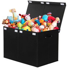 popoly 122L Large Toy Box Chest with Lid, Foldable Toy Storage Organizer Bin Boxes with Removable Divider for Kids, Boys, Girls, Nursery, Playroom, 26"x17" x17"(Linen Black)