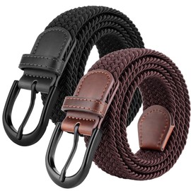 Mile High Life | Braided Stretch Elastic Belts | Pin Oval Solid Belt Buckle | PU Loop End Tip Men/Women/Junior Belt(Black+Brown, Medium 32"-34" (39" Length))